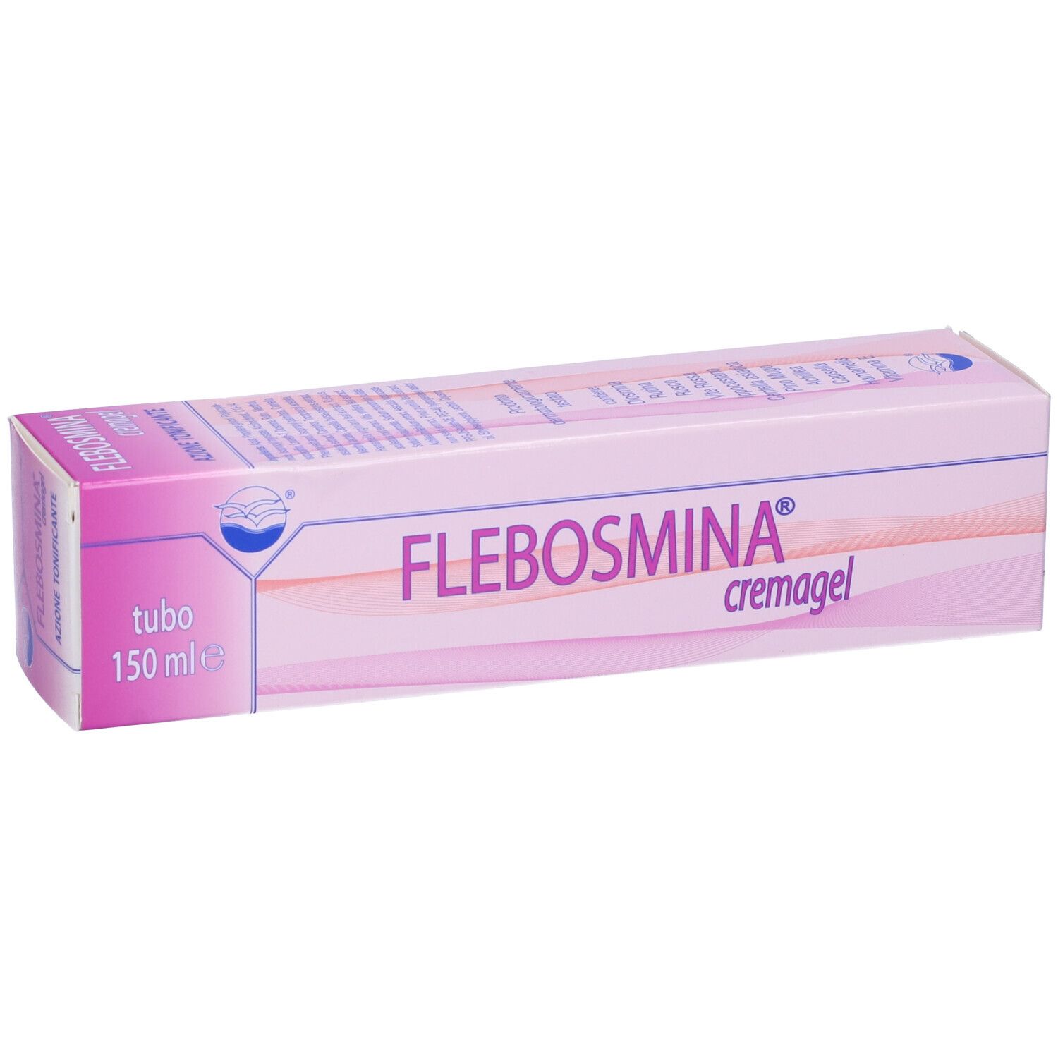Confezione Flebosmina Cremagel. Rosa e bianco. Scritta: Flebosmina Cremagel, 150 ml.