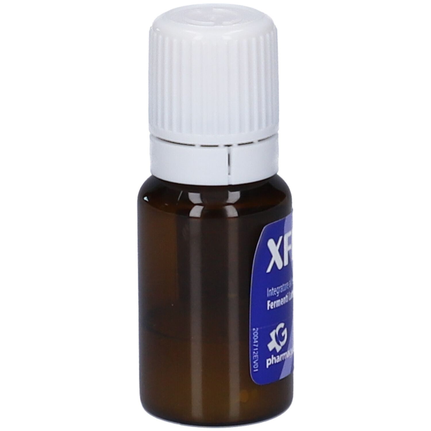 Flacone di vetro marrone con tappo bianco. Etichetta blu con informazioni sul prodotto. Logo del produttore in basso a sinistra.