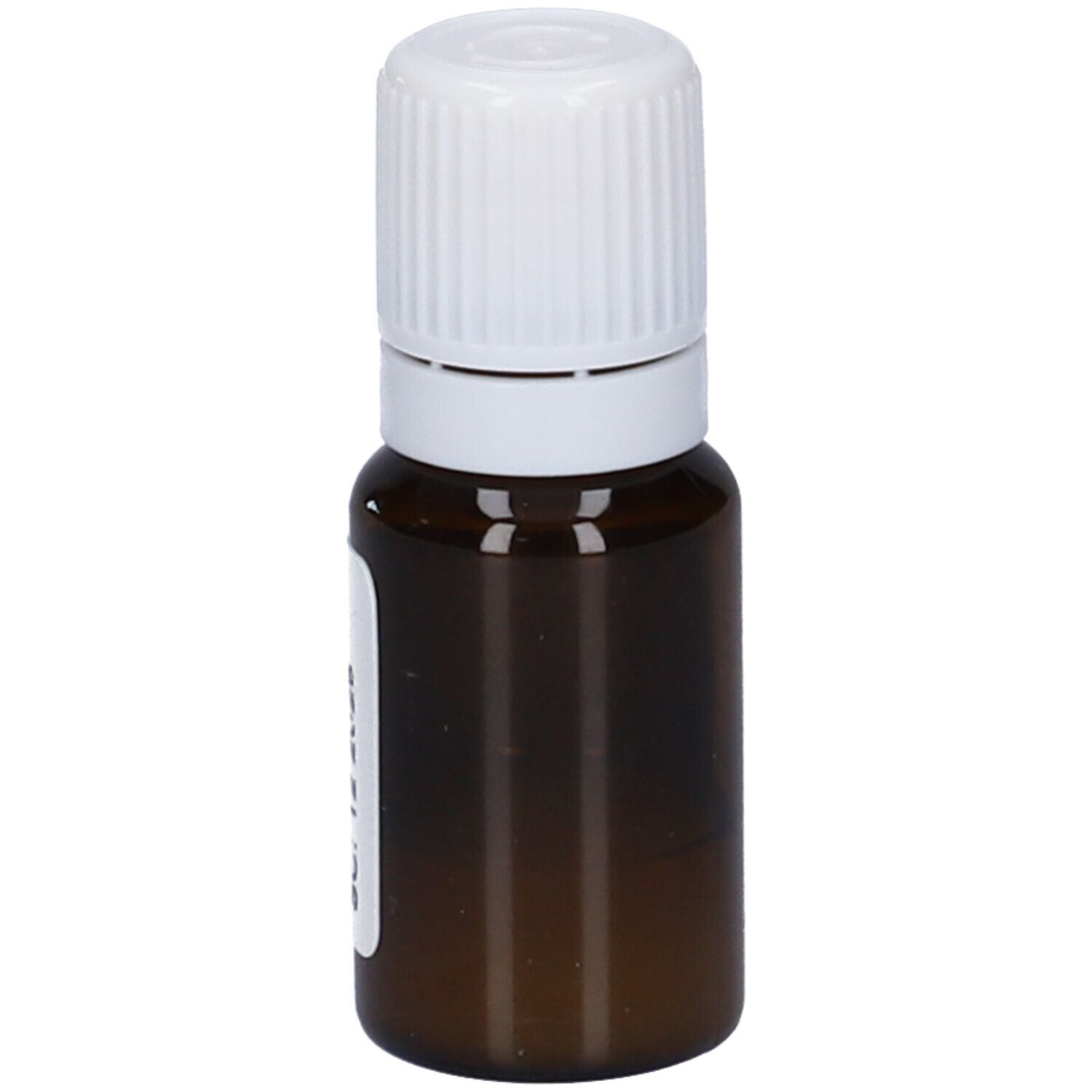 Flacone di vetro marrone con tappo bianco. Etichetta bianca con informazioni sul prodotto. Nessun logo o nome visibile.