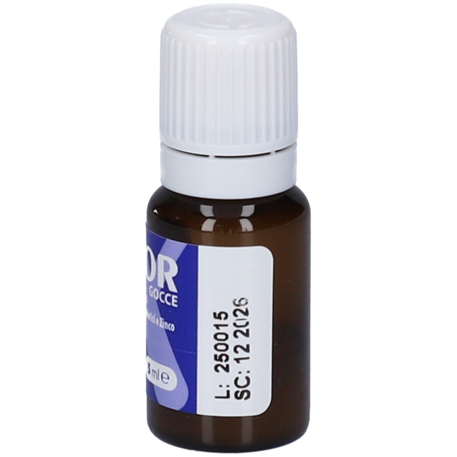 Flacone di vetro marrone con tappo bianco. Etichetta blu con informazioni sul prodotto e data di scadenza. 5 ml.