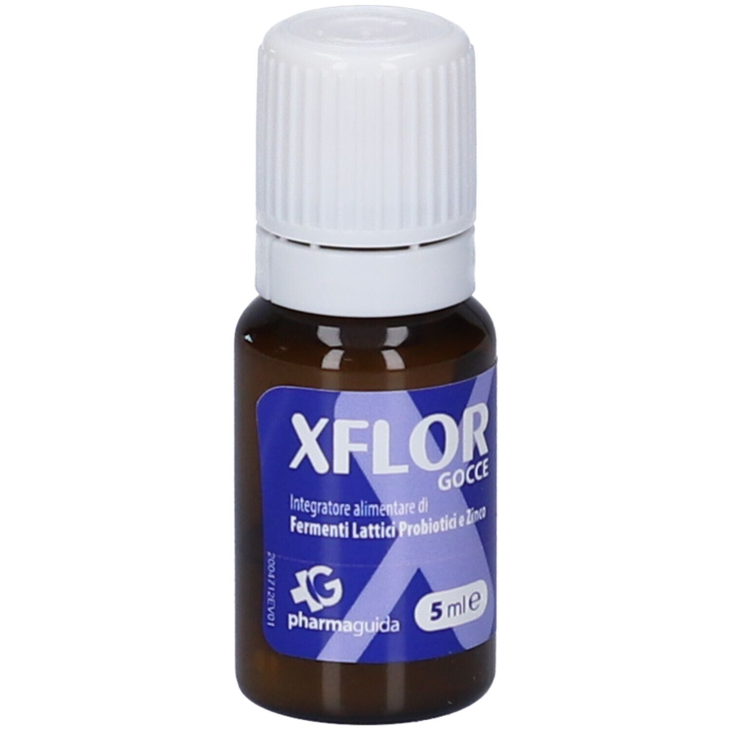 Flacone di vetro marrone con tappo bianco. Etichetta blu con nome prodotto XFLOR Gocce e altre informazioni. 5 ml.