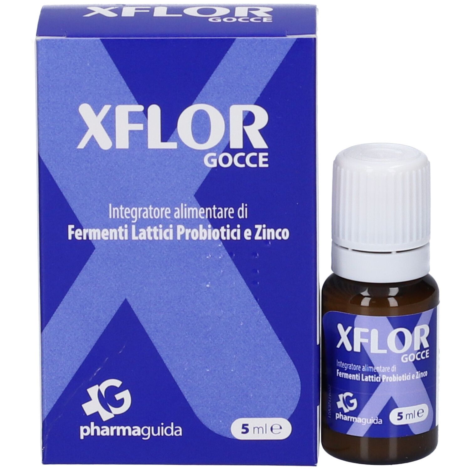 Confezione e flacone del prodotto. Scatola blu con nome prodotto XFLOR Gocce. Flacone marrone con tappo bianco.