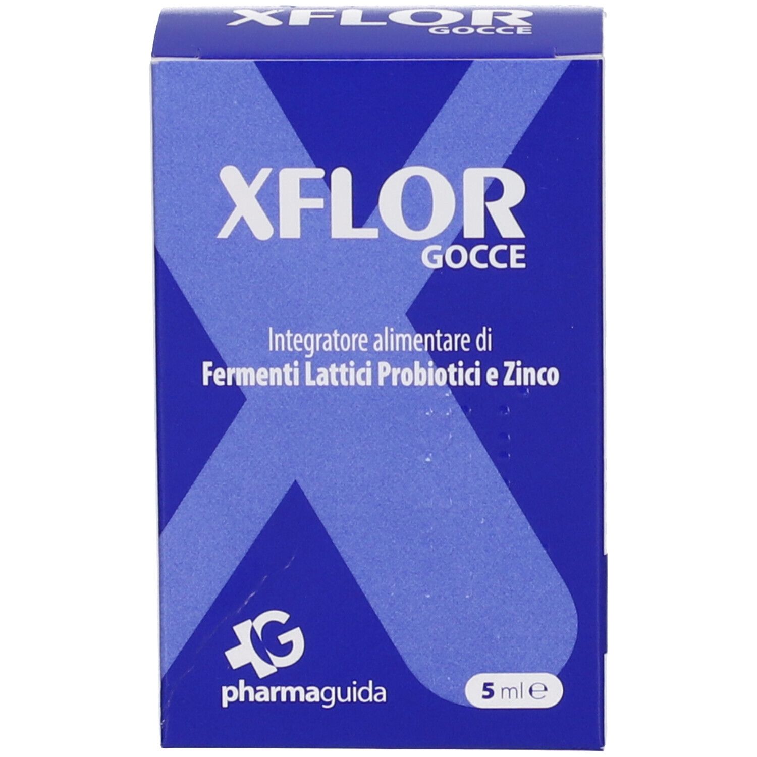 Confezione blu con nome prodotto XFLOR Gocce. Logo del produttore in basso a sinistra. 5 ml.