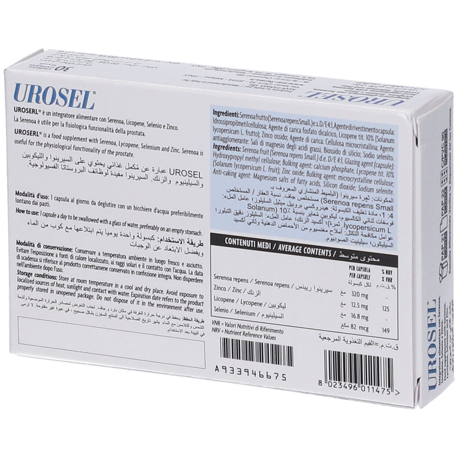 Retro della confezione Urosel. Testi multilingue, ingredienti, informazioni nutrizionali e codice a barre.