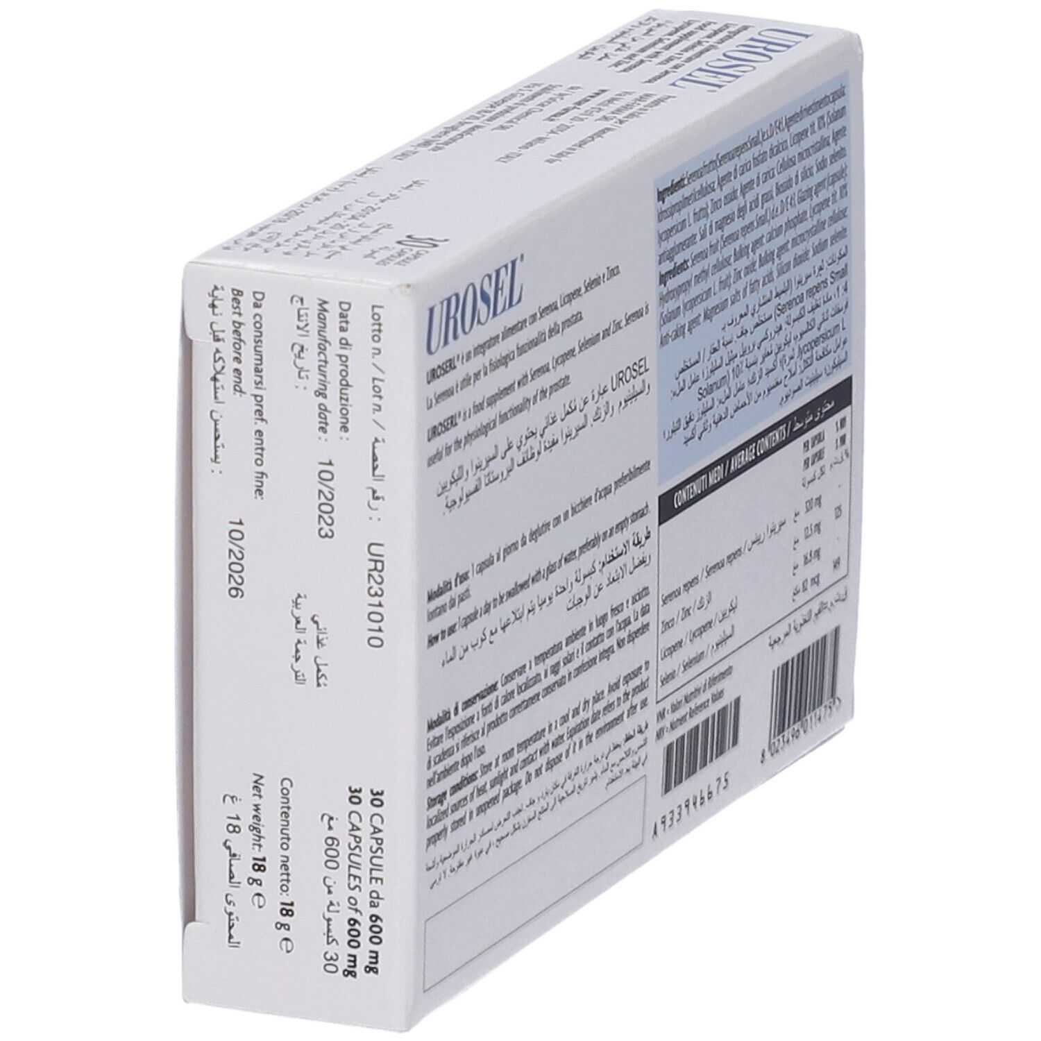 Scatola bianca inclinata. Testo in più lingue. Contiene informazioni sugli ingredienti e il dosaggio. Scadenza 10/2023.