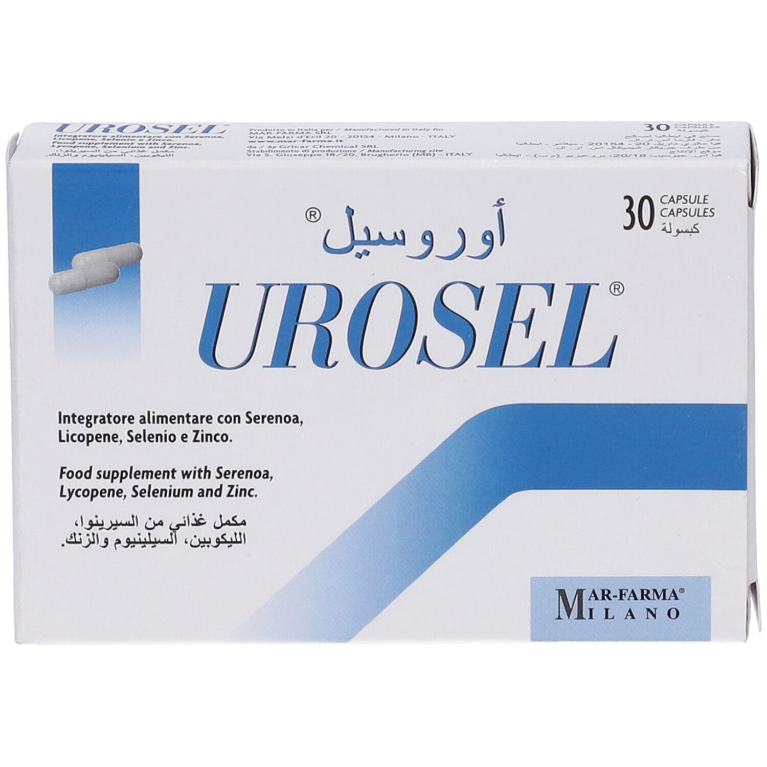 Confezione Urosel bianca e blu, 30 capsule. Scritta UROSEL e testi. Loghi e informazioni.