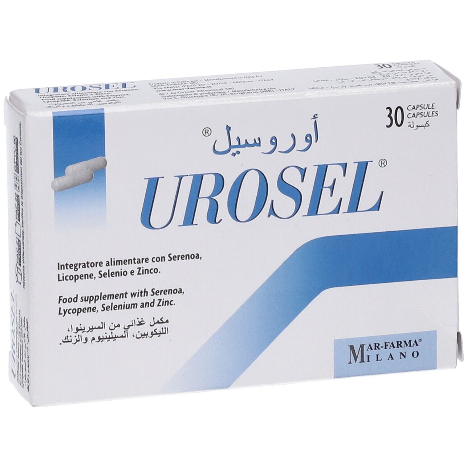 Confezione Urosel bianca e blu, 30 capsule. Scritta UROSEL e testi. Loghi e informazioni.