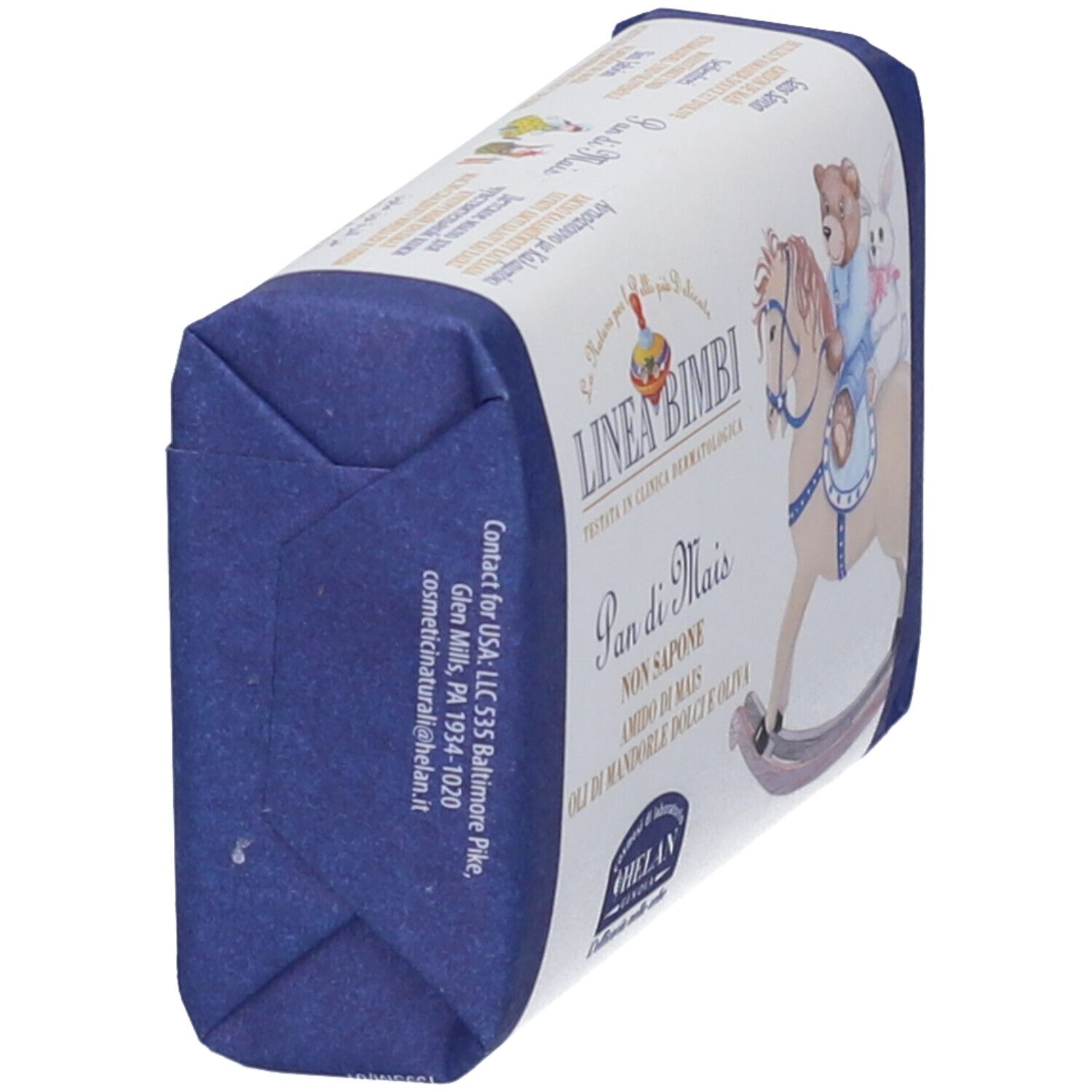 Sapone in confezione blu. Scritta: Linea Bimbi, Pan di Mais. Vista laterale, illustrazione di un cavallo a dondolo.