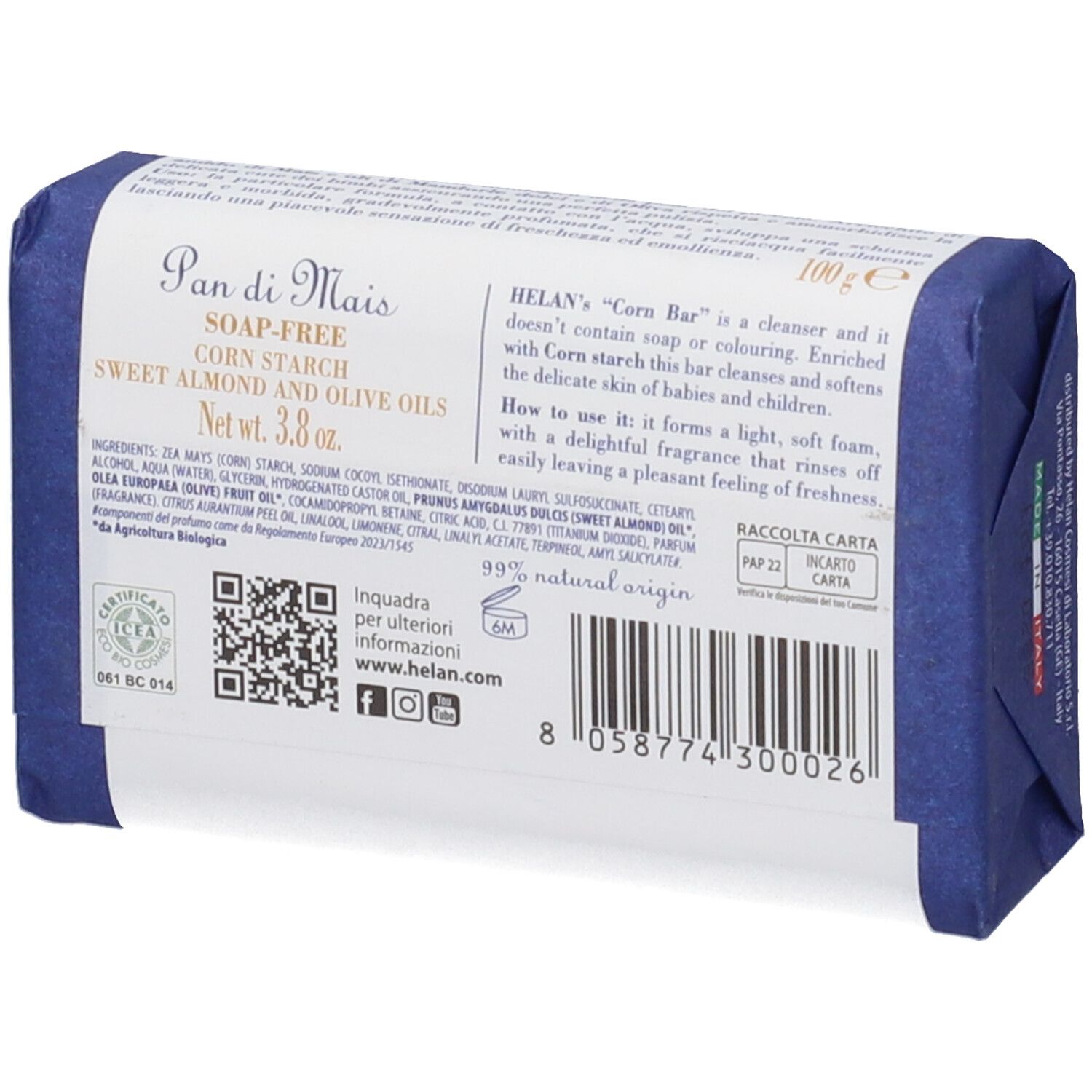 Sapone in confezione blu. Scritta: Pan di Mais, ingredienti, 99% origine naturale. Codice QR e logo.