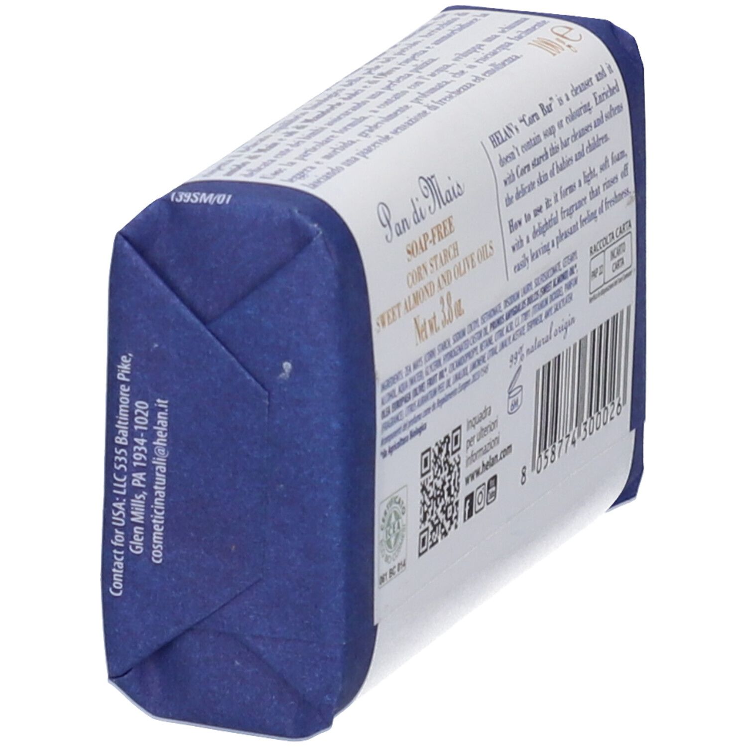 Sapone in confezione blu. Scritta: Pan di Mais, ingredienti. Vista laterale. Codice QR e logo.