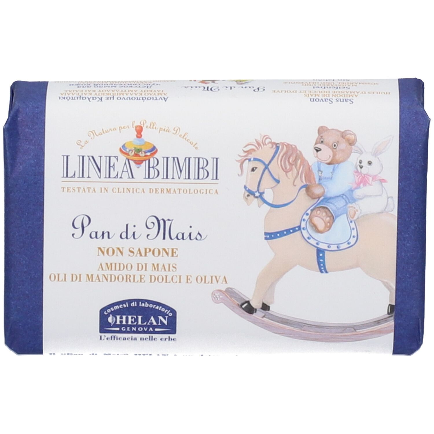 Sapone in confezione blu. Scritta: Linea Bimbi, Pan di Mais, illustrazione di un cavallo a dondolo con orsetto e coniglietto.