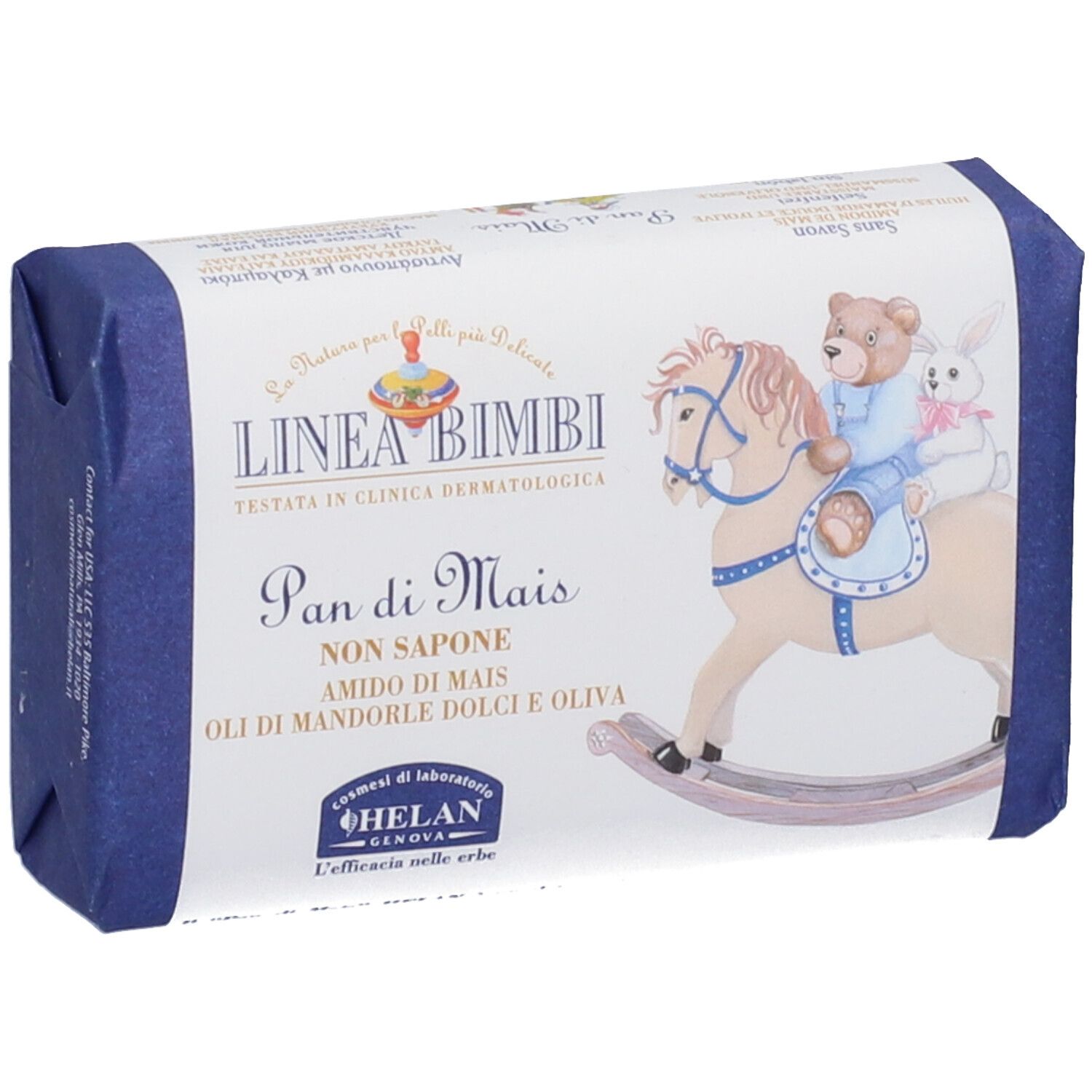 Sapone in confezione blu. Scritta: Linea Bimbi, Pan di Mais, illustrazione di un cavallo a dondolo con orsetto e coniglietto.