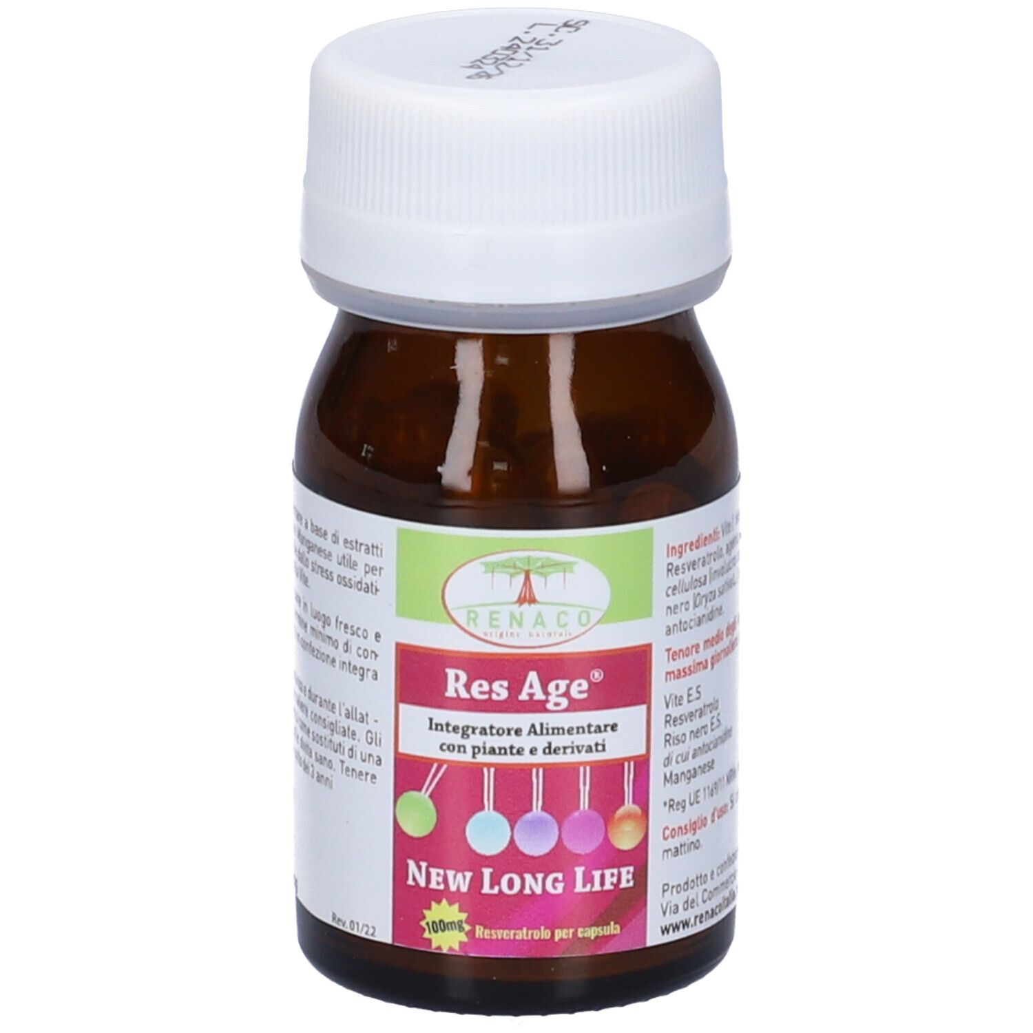 Flacone in vetro marrone con tappo bianco. Scritta Res Age, 30 capsule. Marchio: Renaco.