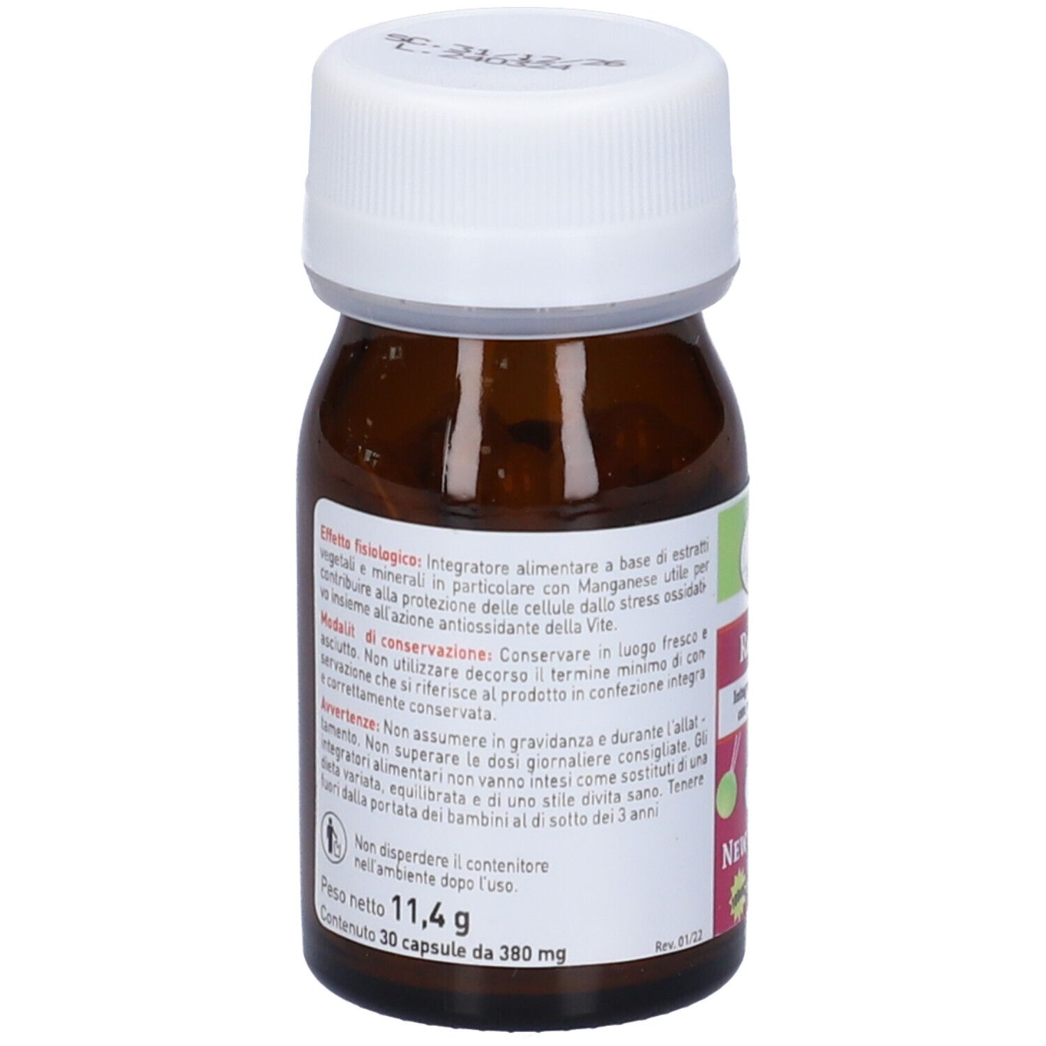 Flacone in vetro marrone con tappo bianco. Testo sul retro. Contiene 30 capsule. Marchio: Renaco.
