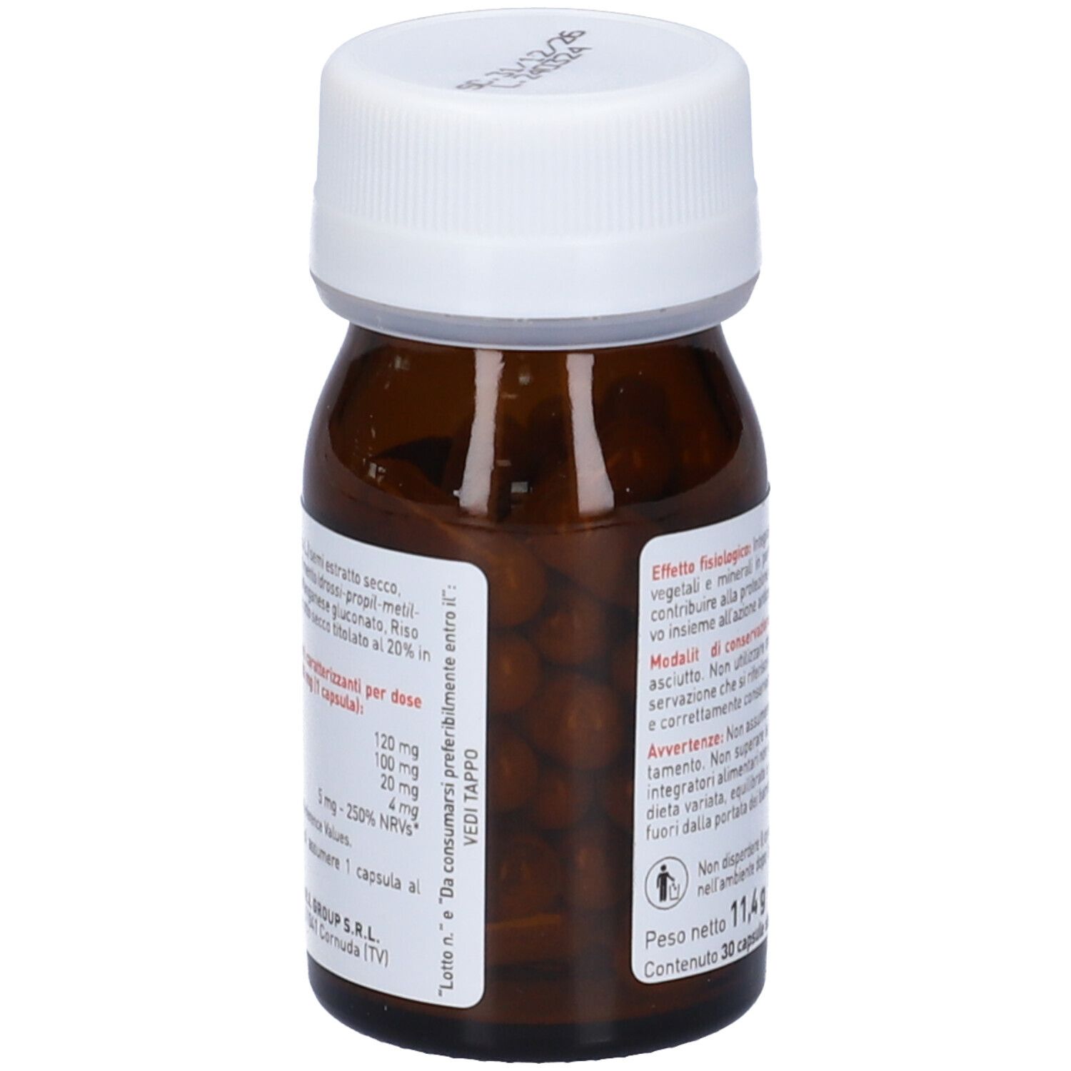 Flacone in vetro marrone con tappo bianco. Testo sul retro. Contiene 30 capsule. Marchio: Renaco.