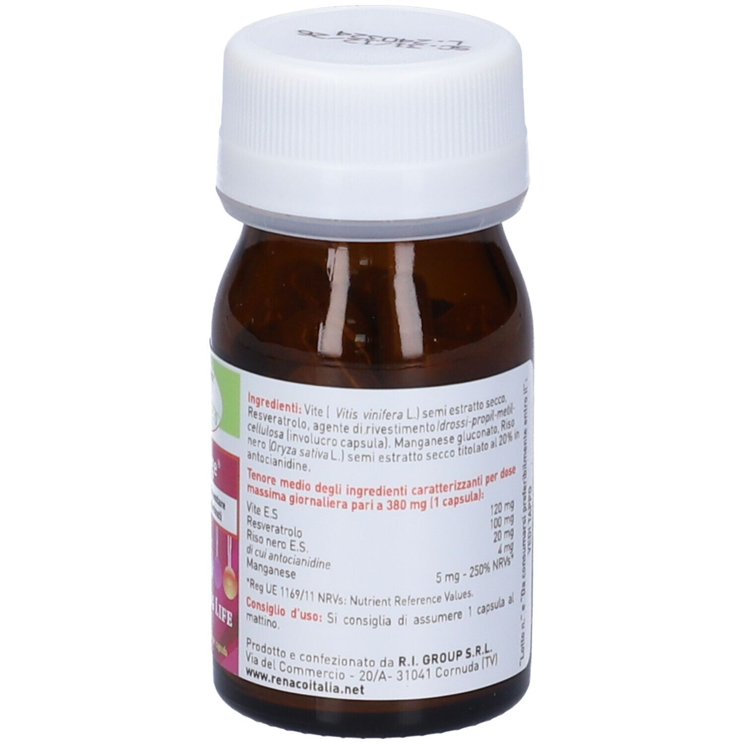 Flacone in vetro marrone con tappo bianco. Testo sul retro. Contiene 30 capsule. Marchio: Renaco.