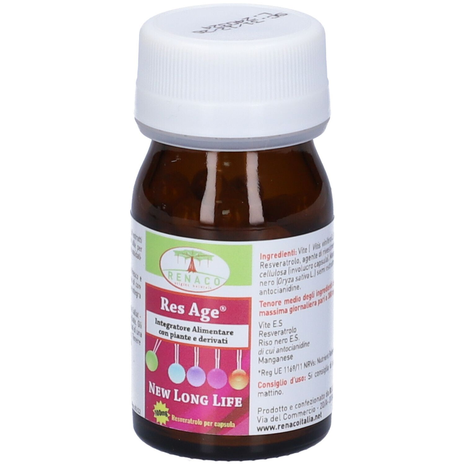 Flacone in vetro marrone con tappo bianco. Scritta Res Age, 30 capsule. Marchio: Renaco.