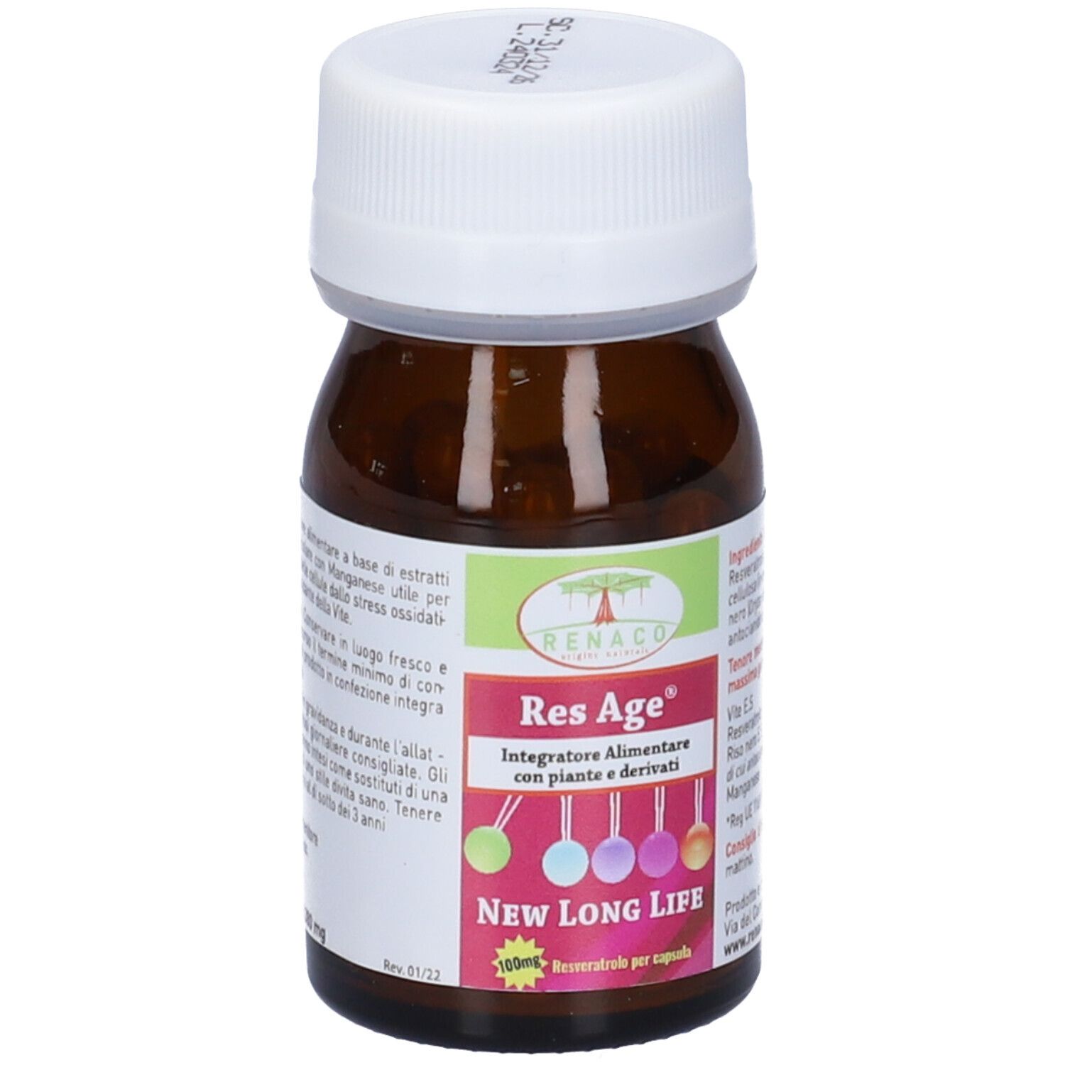 Flacone in vetro marrone con tappo bianco. Scritta Res Age, 30 capsule. Marchio: Renaco.