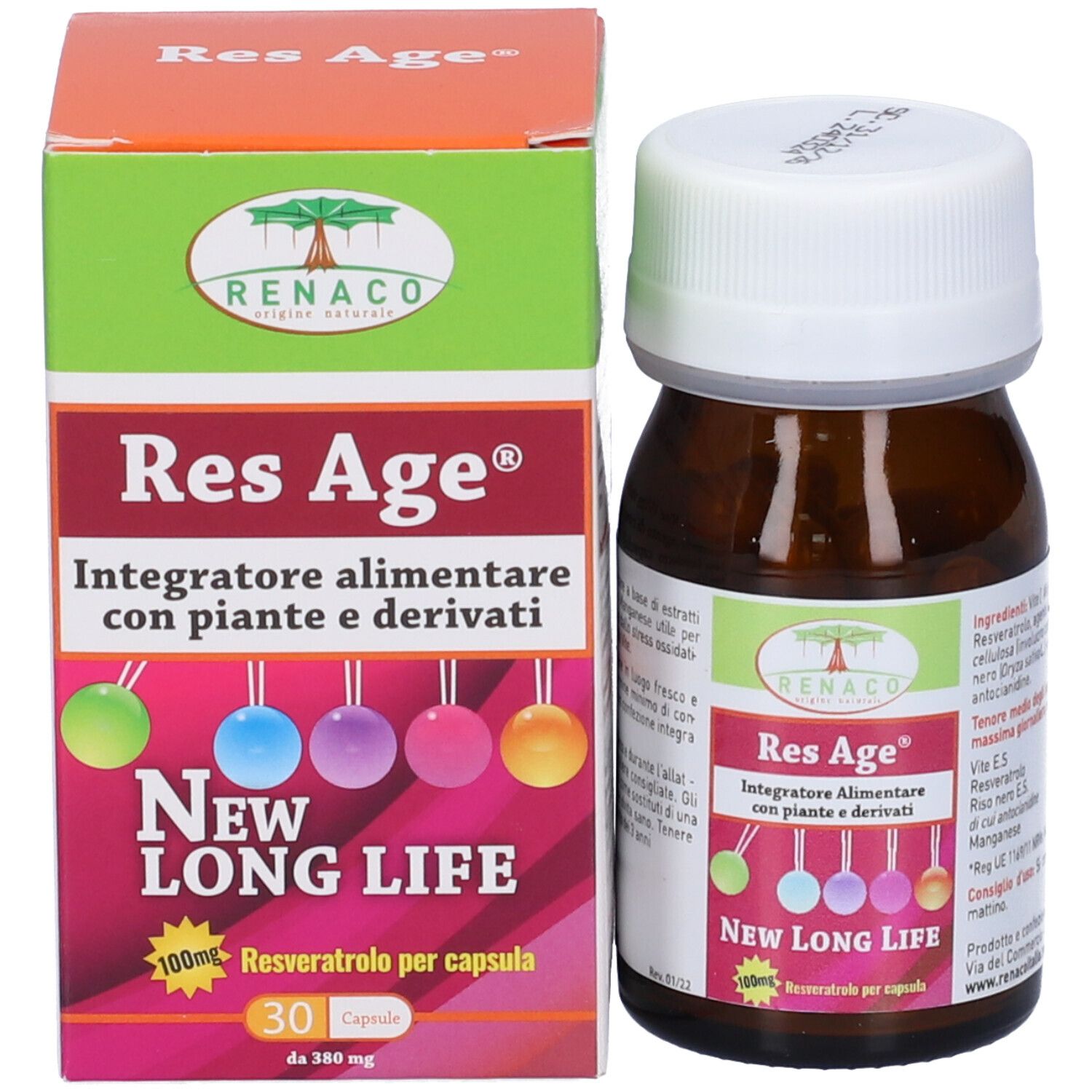 Flacone in vetro marrone e scatola Res Age. Contiene 30 capsule. Marchio: Renaco.