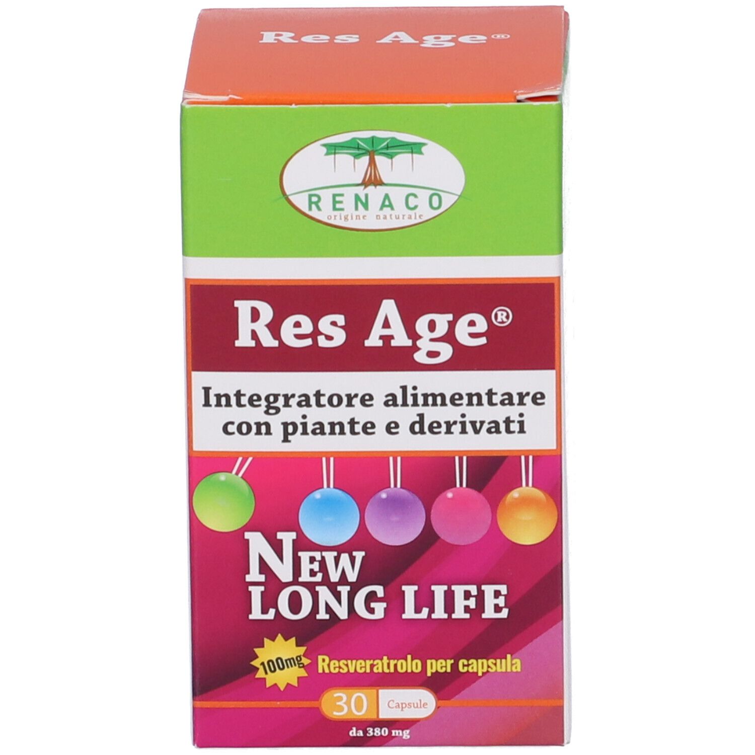 Scatola con scritta Res Age. Contiene 30 capsule. Marchio: Renaco.