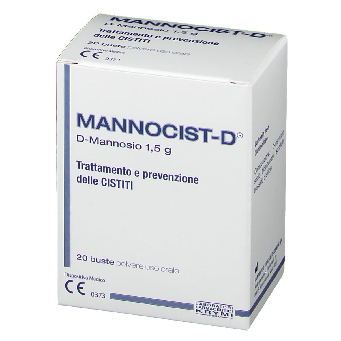 Confezione di MANNOCIST-D®. Scatola bianca con testo blu. Contiene 20 bustine di polvere per uso orale.
