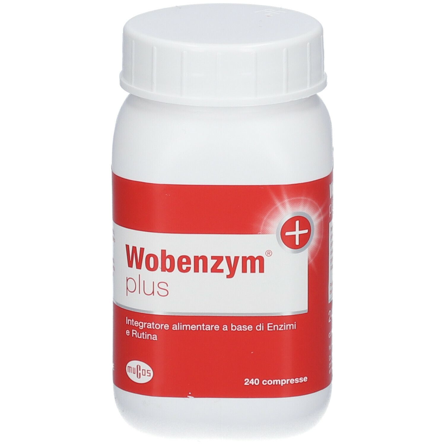 Flacone bianco con etichetta rossa. Scritta: Wobenzym plus, Integratore alimentare a base di Enzimi e Rutina, 240 compresse.