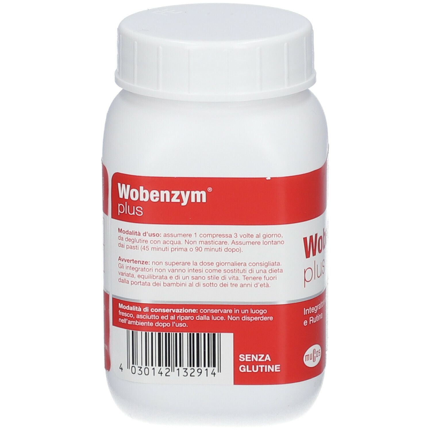 Retro di un flacone bianco con etichetta rossa. Scritta: Wobenzym plus, Modaltà d'uso, senza glutine.