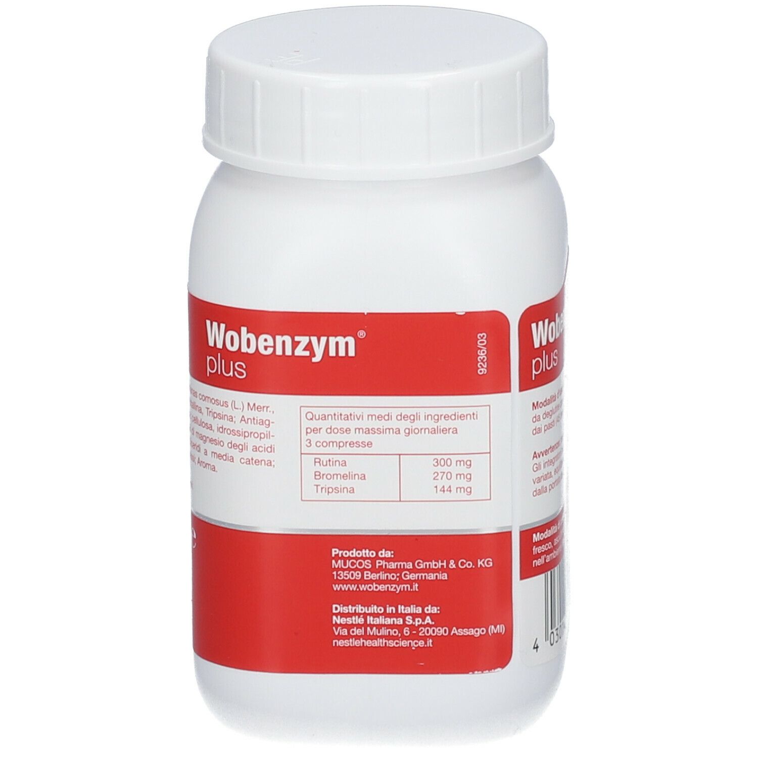 Flacone bianco con etichetta rossa. Scritta: Wobenzym plus, Quantitativi medi degli ingredienti, 3 compresse.