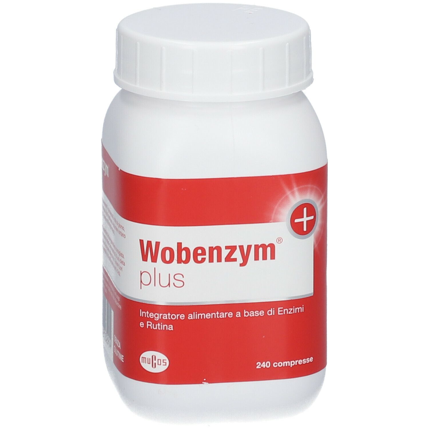 Flacone bianco con etichetta rossa. Scritta: Wobenzym plus, Integratore alimentare a base di Enzimi e Rutina, 240 compresse.