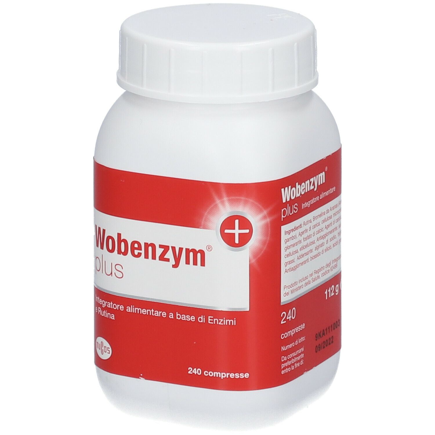 Flacone bianco con etichetta rossa. Scritta: Wobenzym plus, Integratore alimentare a base di Enzimi e Rutina, 240 compresse.