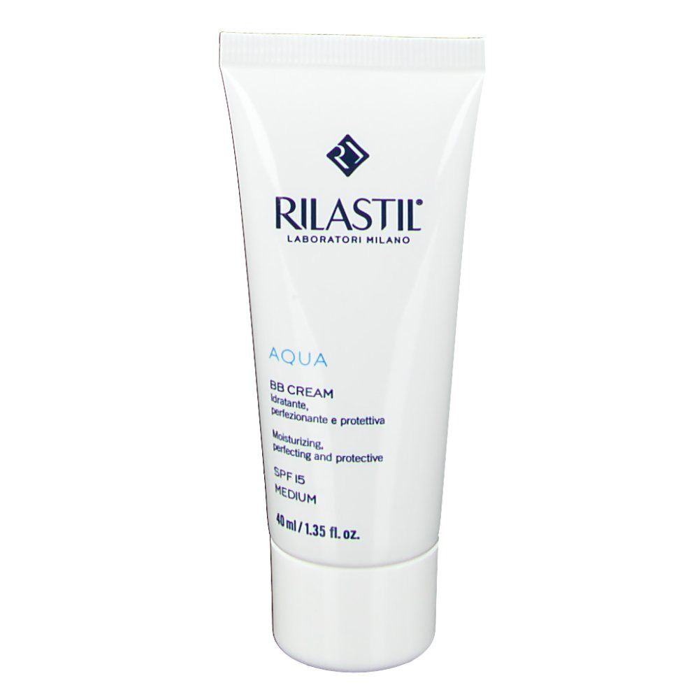 Tubo bianco Rilastil Aqua BB Cream. Testo: Aqua, BB Cream, SPF 15, Medium. 40 ml/1.35 fl. oz.