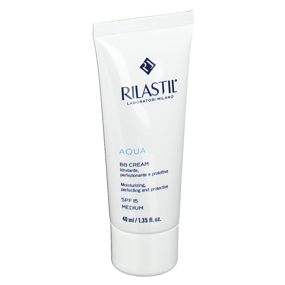 Tubo bianco Rilastil Aqua BB Cream. Testo: Aqua, BB Cream, SPF 15, Medium. 40 ml/1.35 fl. oz.