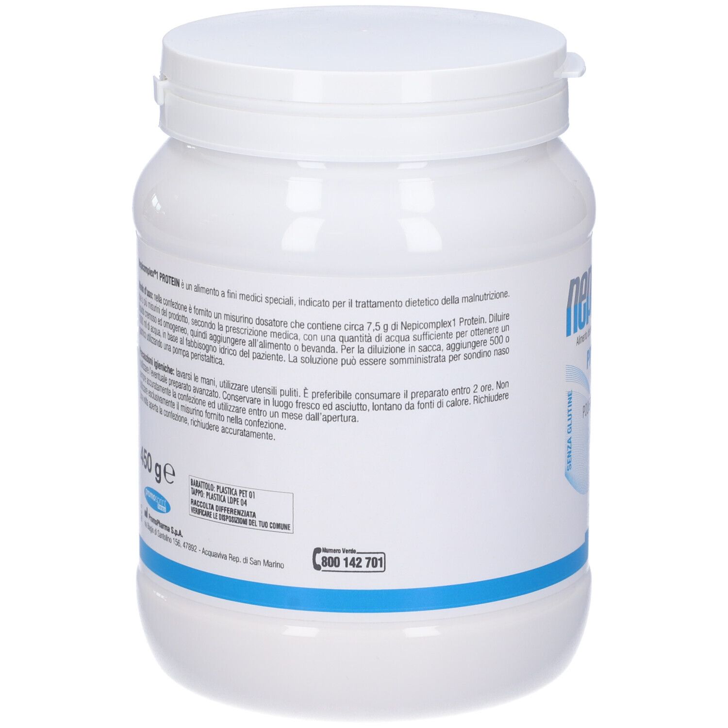 Retro del contenitore di polvere proteica bianca. Testo e informazioni. Strisce blu. Logo Promo Pharma.