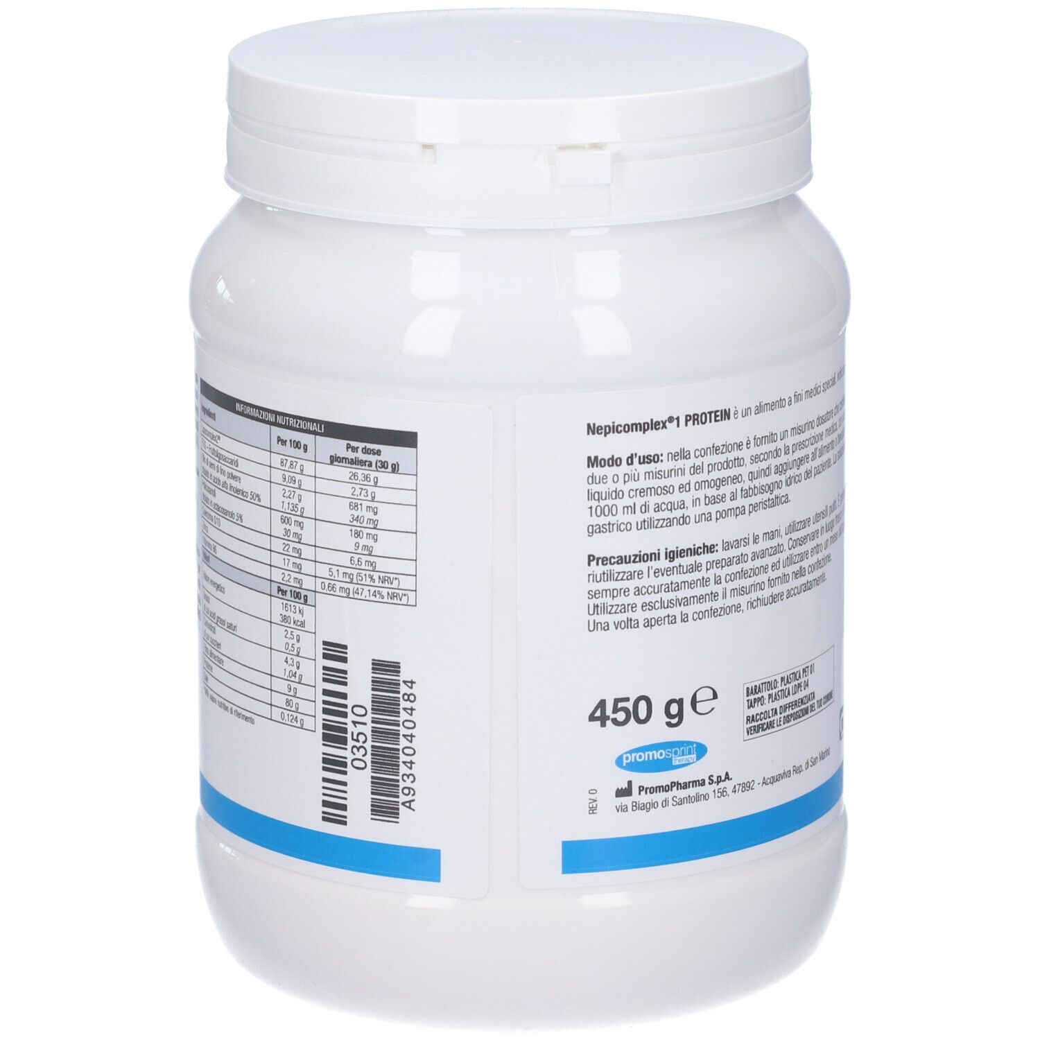 Retro del contenitore di polvere proteica bianca. Testo e informazioni. 450 g. Codice a barre. Logo Promo Pharma.