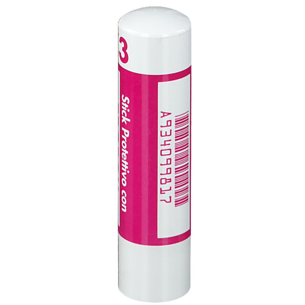 Stick labbra bianco e rosa. Codice a barre e scritta.