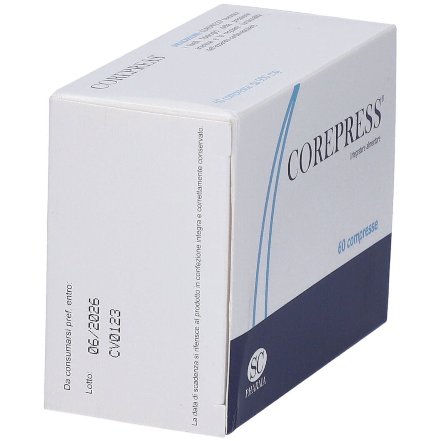 Scatola bianca, vista laterale. Scritta COREPRESS. Scadenza 06/2026. Logo SC Pharma.