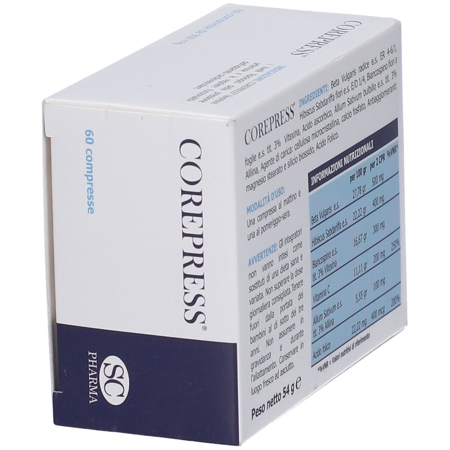 Scatola bianca con informazioni nutrizionali. Scritta COREPRESS. Logo SC Pharma.