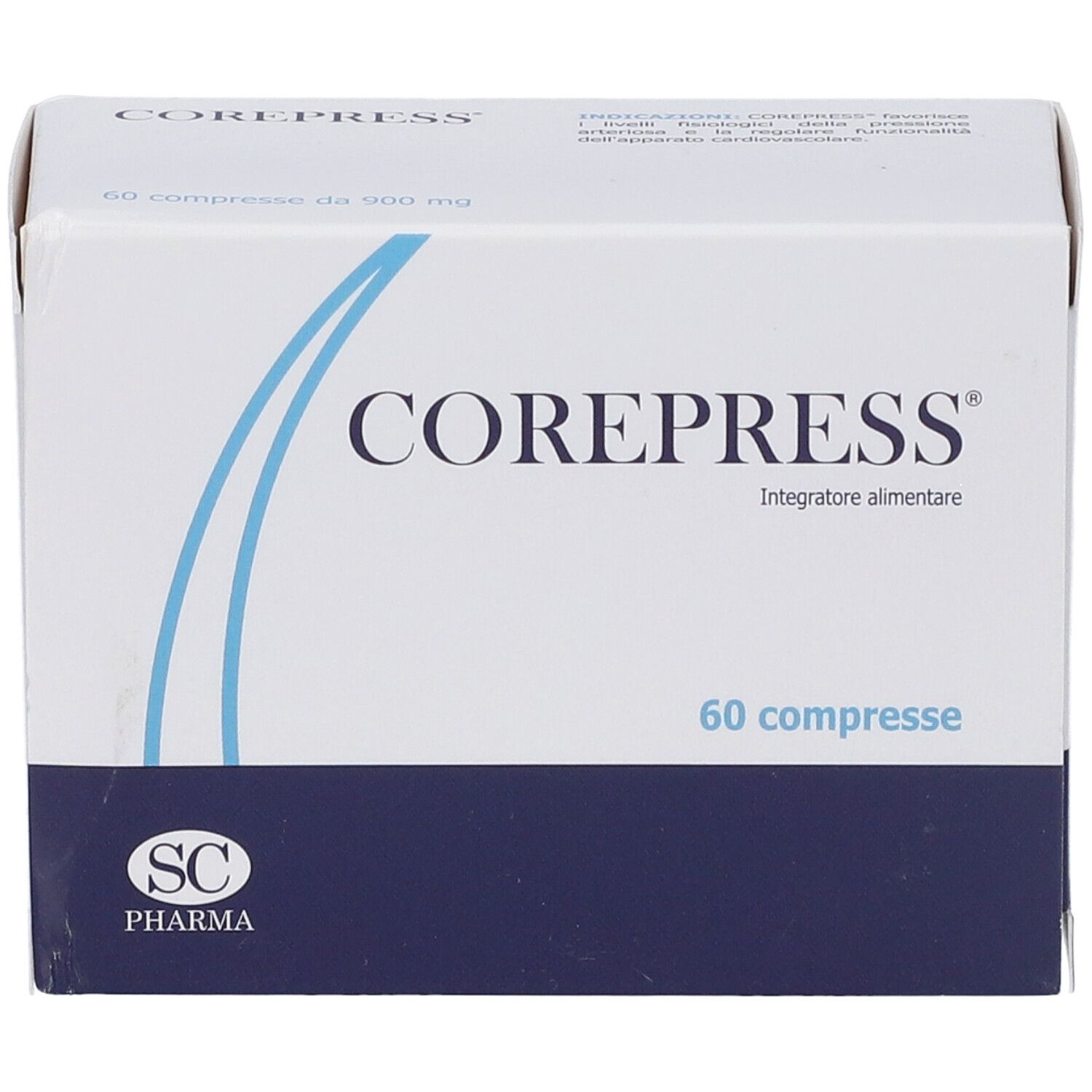 Scatola bianca con elementi blu. Scritta COREPRESS, 60 compresse. Logo SC Pharma.