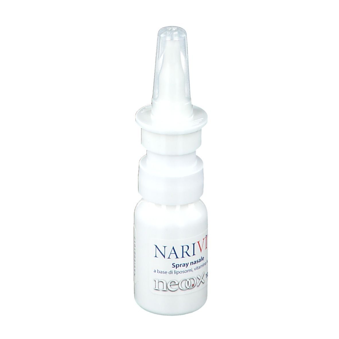 Flacone spray nasale bianco con erogatore. Scritta: Narivit, Spray nasale. Contiene liposomi, vitamina A ed E. Marchio: neox.