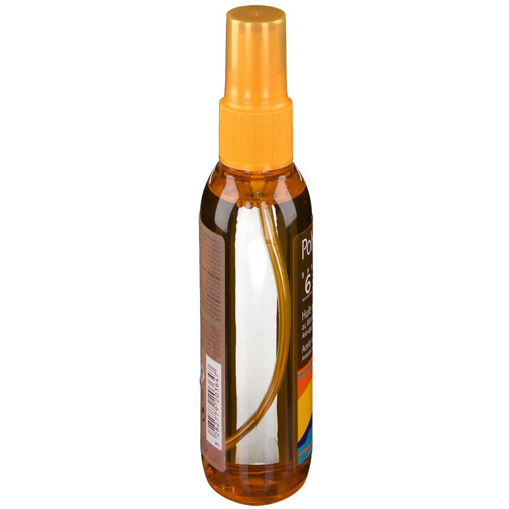 Flacone spray giallo, vista laterale. Informazioni sul prodotto parzialmente visibili. Scritta: Polysianes SPF 6.