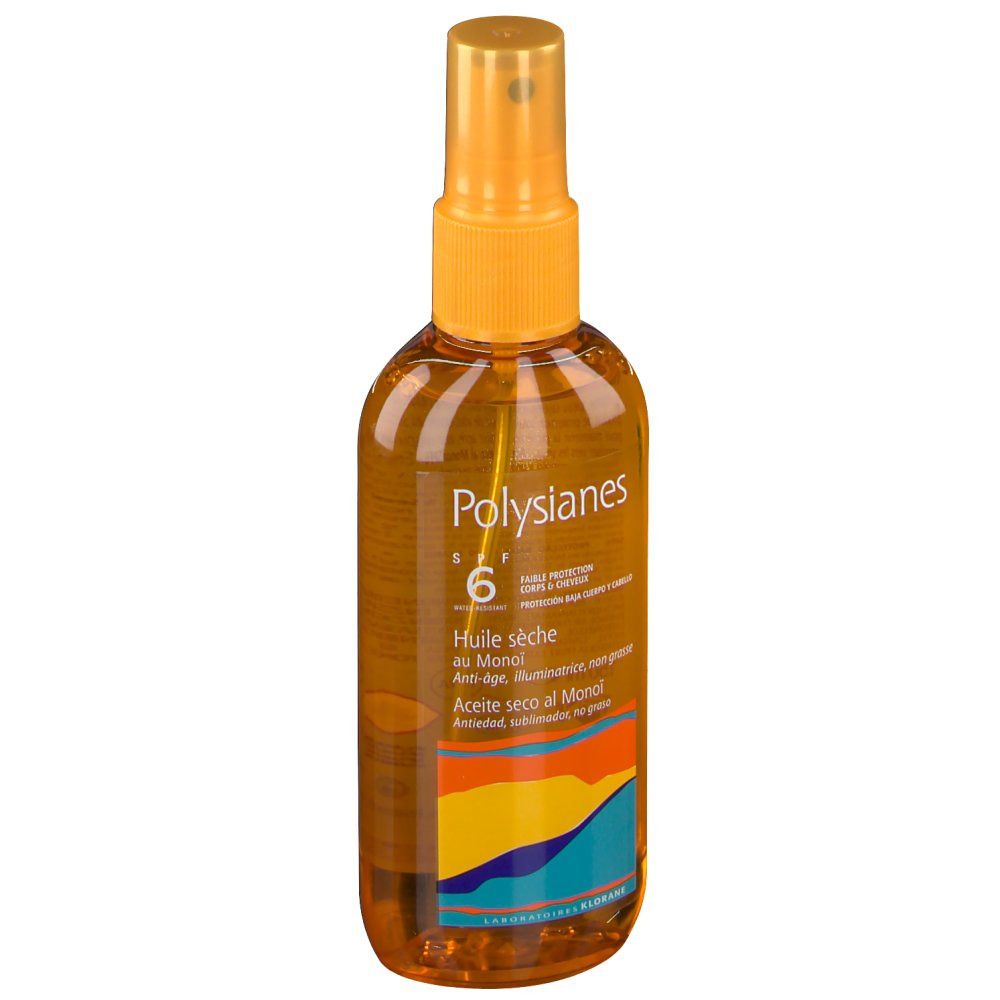 Flacone spray giallo con informazioni sul prodotto. Scritta: Polysianes SPF 6, Huile sèche au Monoï.