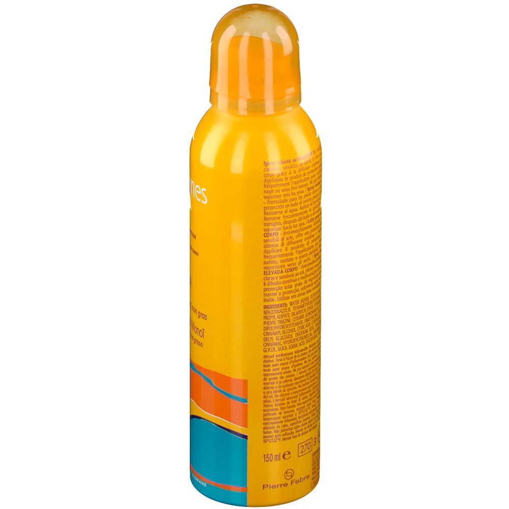 Flacone spray giallo con testo. Retro con testo. Strisce colorate in basso. Testina spray gialla in alto.