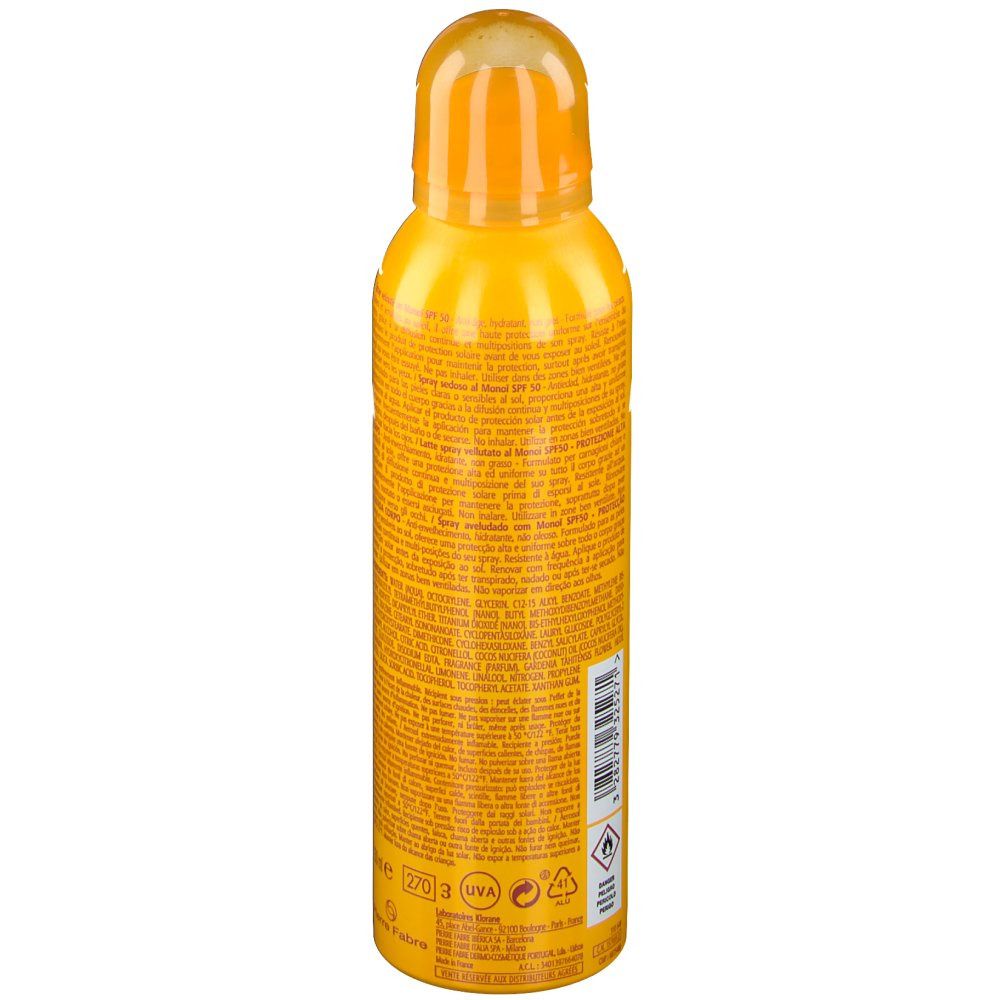 Flacone spray giallo con testo. Retro con testo. Testina spray gialla in alto. Strisce colorate in basso.