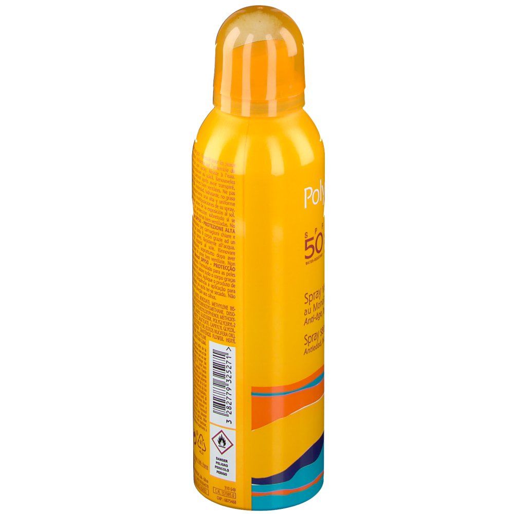 Flacone spray giallo con testo. Retro con testo. Testina spray gialla in alto. Strisce colorate in basso.