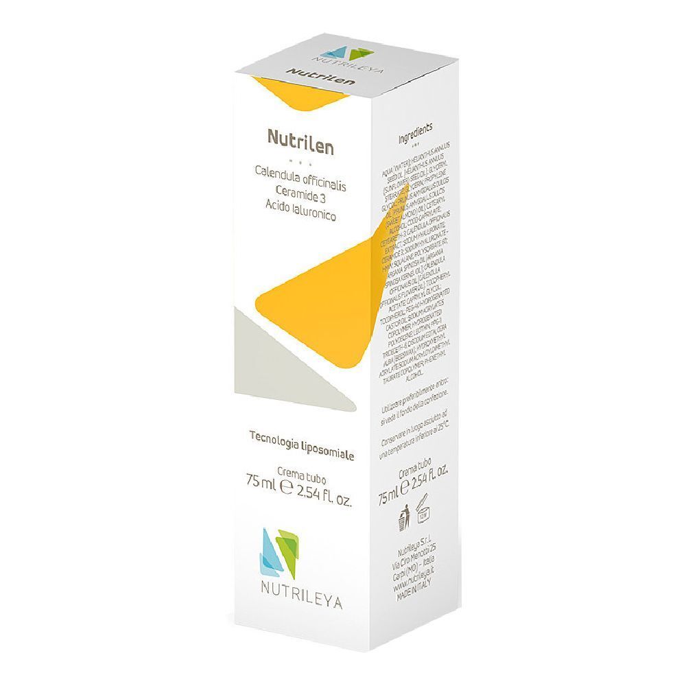 Confezione bianca con nome del prodotto e ingredienti. Elementi di design gialli e blu. 75 ml.