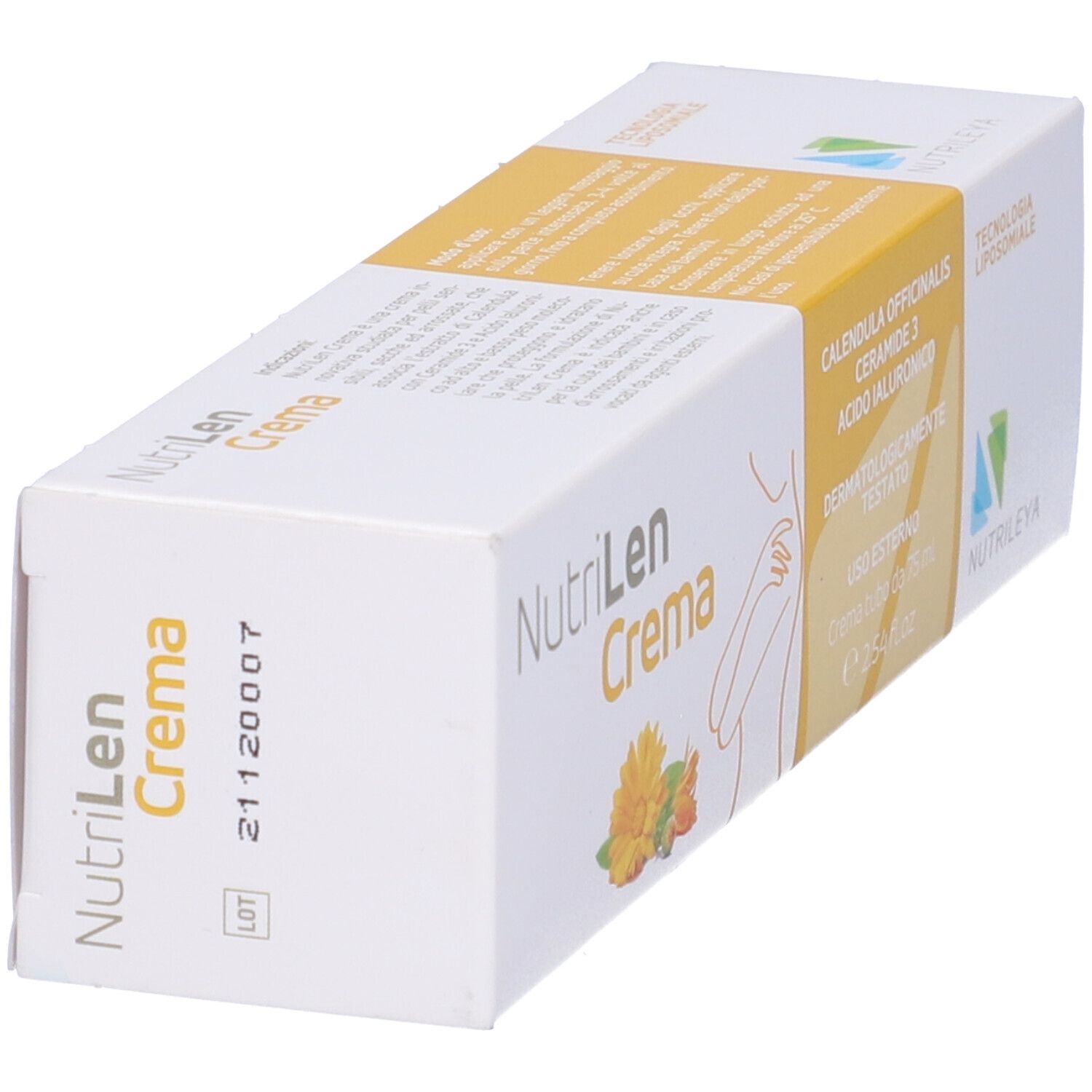 Scatola con nome del prodotto e ingredienti. Striscia gialla. Dermatologicamente testato. Retro con ingredienti.