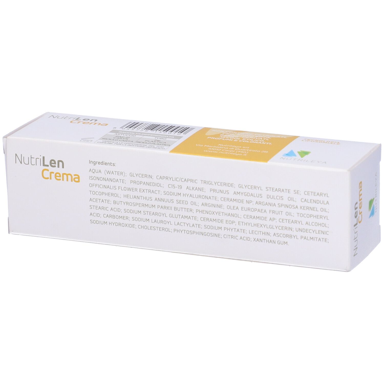 Scatola bianca con nome del prodotto e ingredienti. Retro con ingredienti. Striscia gialla.