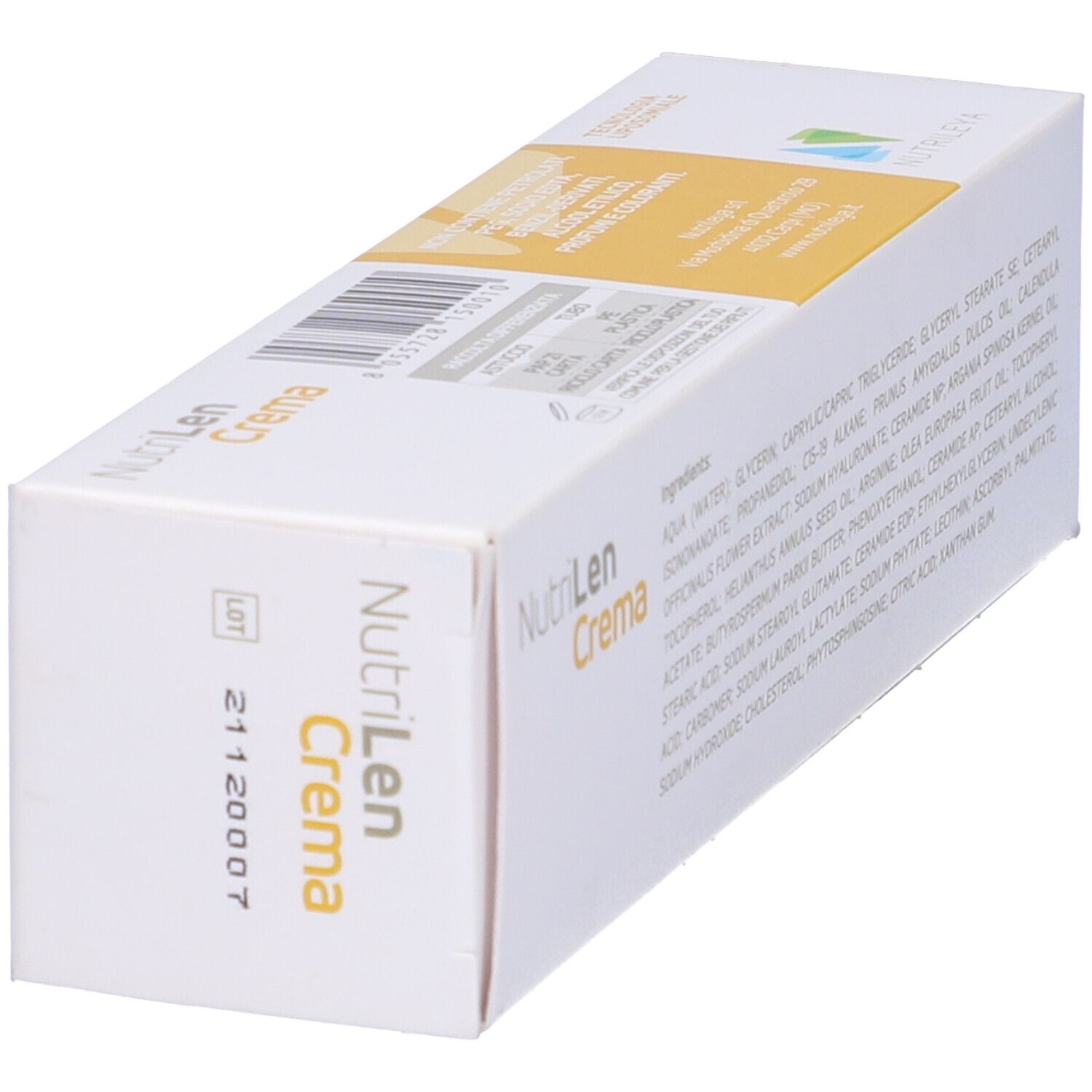 Scatola con nome del prodotto e ingredienti. Striscia gialla. Dermatologicamente testato. Retro con ingredienti.