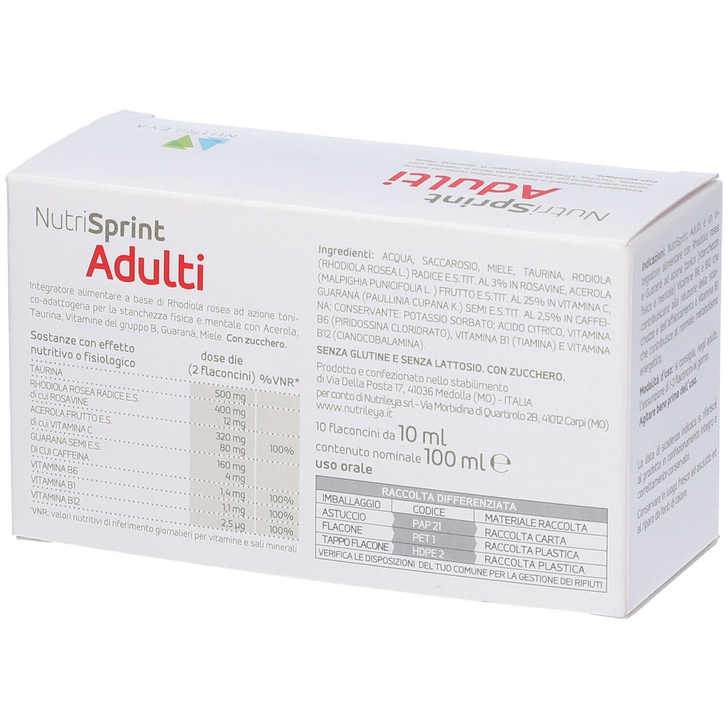 Scatola Nutrisprint Adulti. Elenco degli ingredienti e informazioni nutrizionali. Marchio Nutrileya.