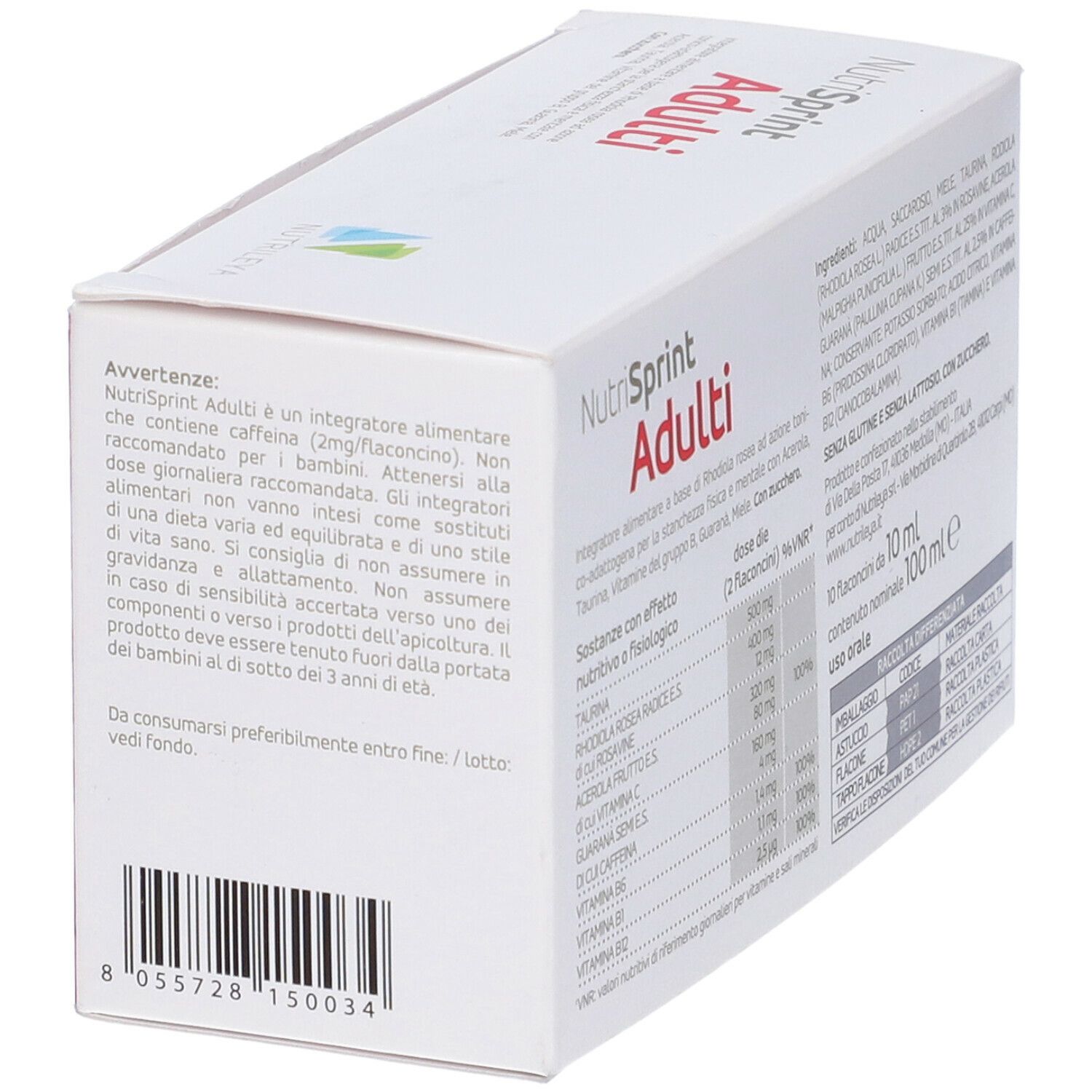 Scatola Nutrisprint Adulti. Avvertenze e ingredienti. Marchio Nutrileya.